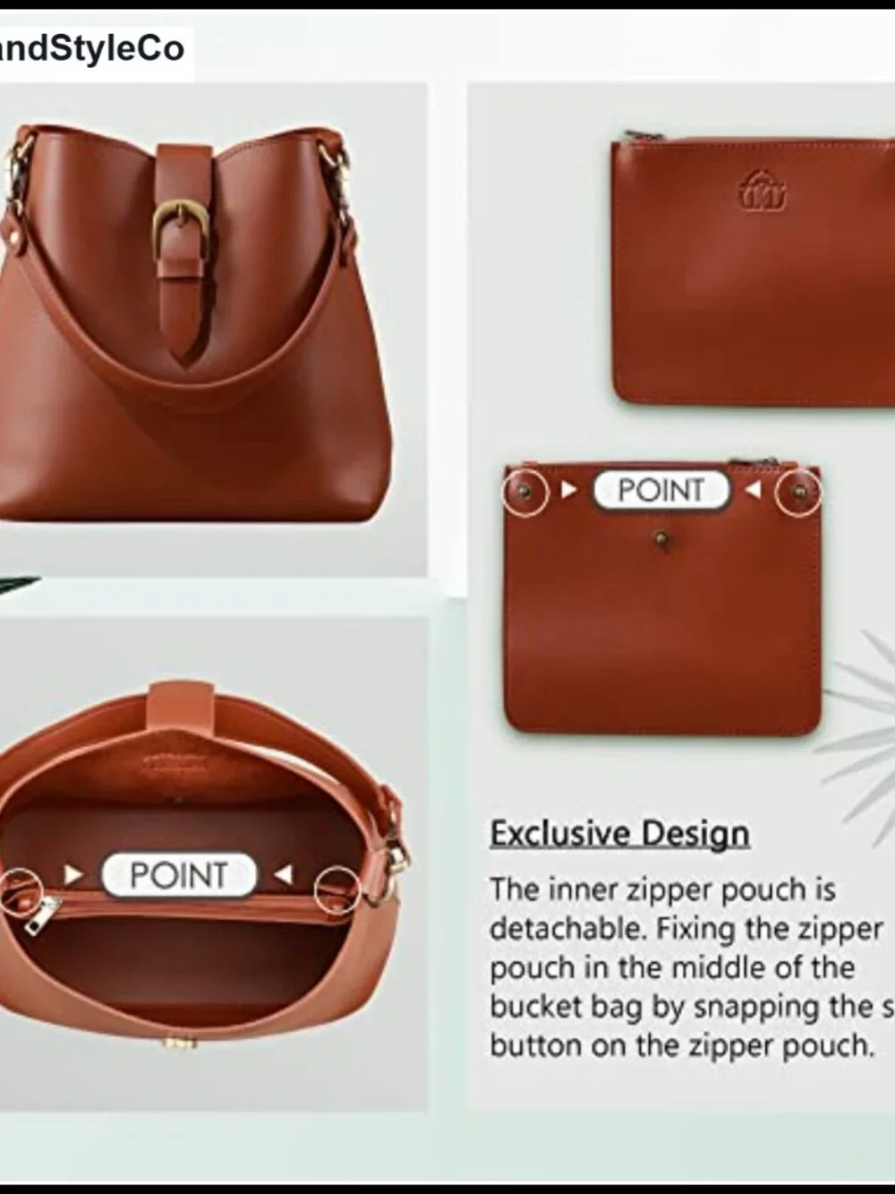 Vegan Leather Bucket Bag Hobo Shoulder Handbag Removable Pouch
